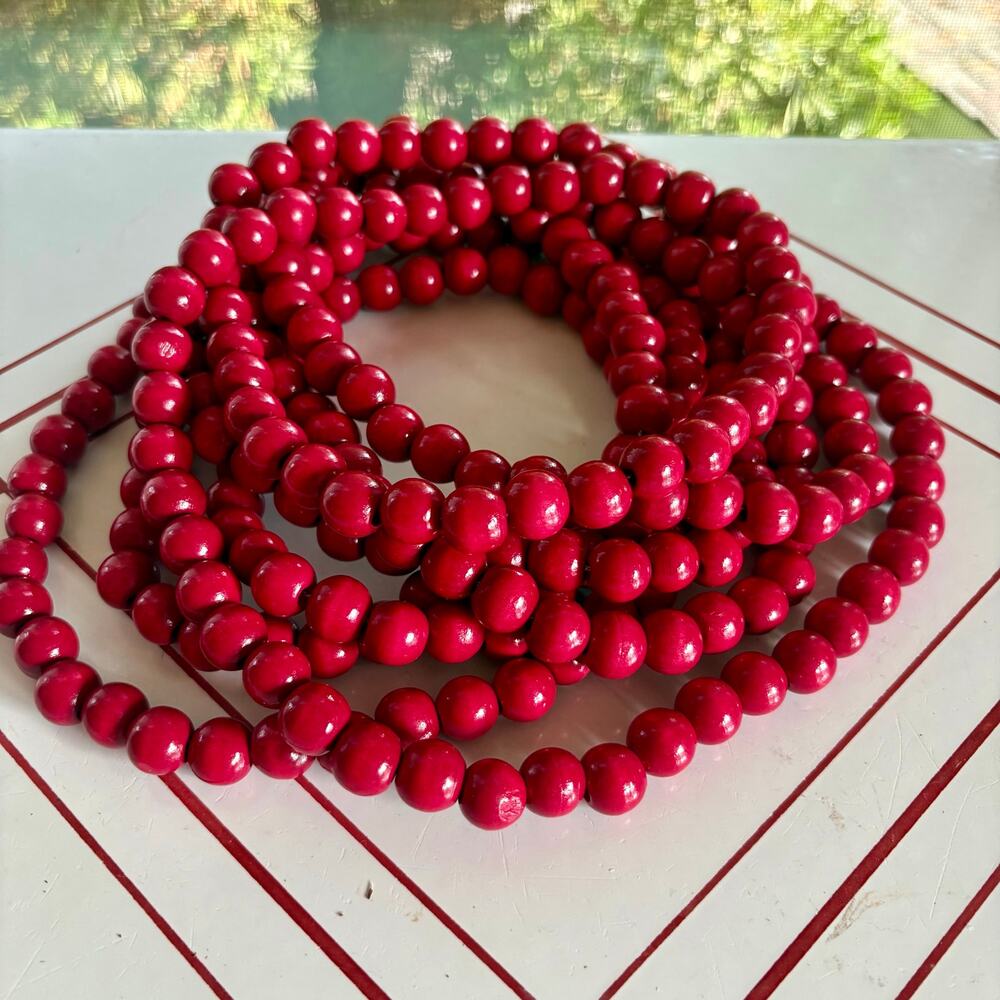 Vintage Bright Red Wooden Bead Garland 12 Ft Rustic Farmhouse Decor